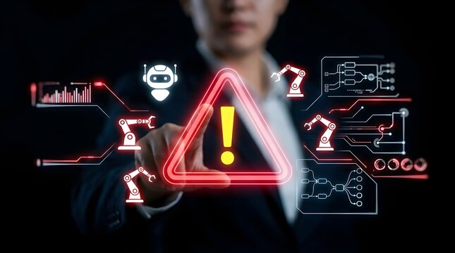 Businessman touching glowing red hazard warning sign with robotic arm digital interface icons