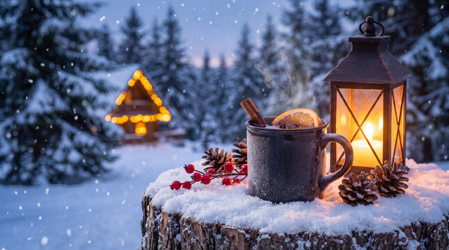 A dark ceramic mug of steaming mulled wine with cloves rests on a snowy stump at twilight, a warm festive Christmas winter holiday drink for celebration.