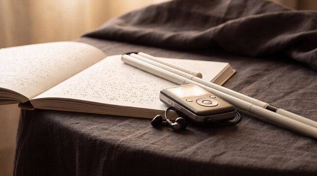 Braille book, audiobook player and white cane on dark linen promote World Braille Day awareness for visually impaired inclusion and accessibility support.