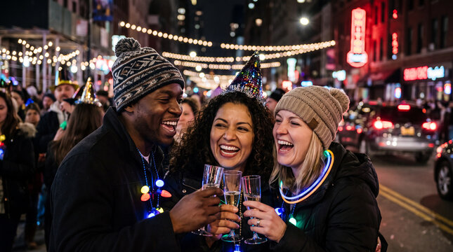 Happy friends toast with champagne at a New Year's Eve city night party, perfect for festive people celebration marketing.