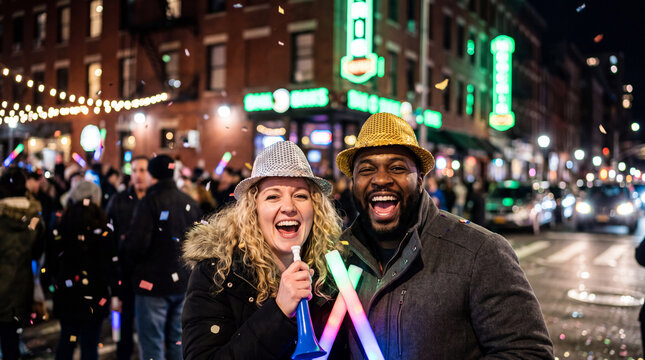 A happy couple laughs with noisemakers at a New Year's Eve city night party celebration, ideal for festive friends marketing.