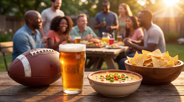 Football, beer and queso tortilla chips on a table set the scene for Big Game party snacks in a backyard celebration.
