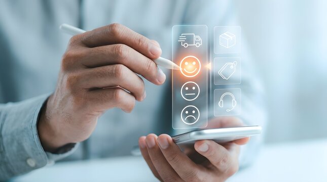 Person selecting happy smiley face rating on smartphone screen with digital stylus pen