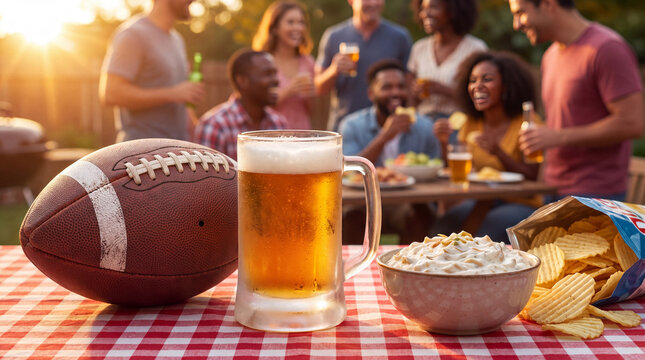 Football, beer and onion ripple chips on a gingham cloth create cozy Big Game party snacks for backyard celebration marketing.