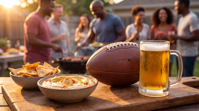 Football, beer and hummus pita chips on a board offer healthy Big Game party snacks for backyard family celebration.
