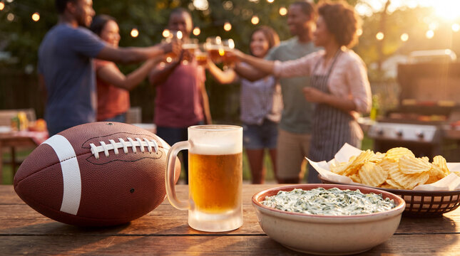 Football, beer and spinach kettle chips on a rustic table make ideal Big Game party snacks for backyard friends celebration.