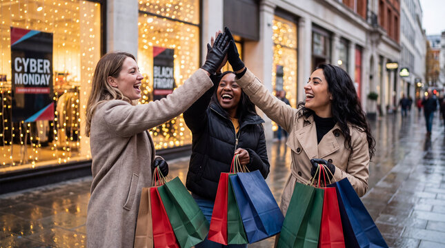 Three diverse friends high-fiving with shopping bags on a festive street during Black Friday for retail advertising.