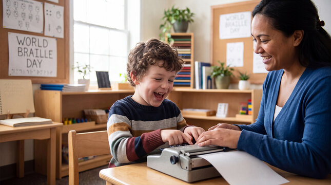 A smiling visually impaired boy uses a Braille writer with his teacher for World Braille Day inclusion posters.