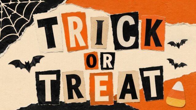 Halloween trick or treat ransom note style collage with cut out magazine paper letters, bats, spiderweb and candy corn. Festive handmade holiday greeting background