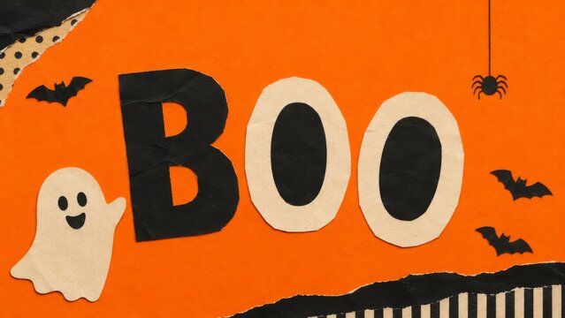 Halloween ransom note style collage with cut out paper BOO letters, smiling ghost, black bats and spider on bright orange background. Spooky handmade holiday decor