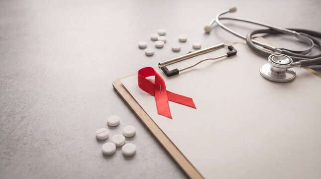 Close-up of a red ribbon on a clipboard with scattered pills and stethoscope conveys medical hope for World AIDS Day editorial content.