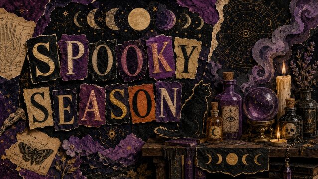 Halloween spooky season ransom note style collage with cut out magazine paper letters, moon phases, potion bottles, crystal ball and vintage occult decor