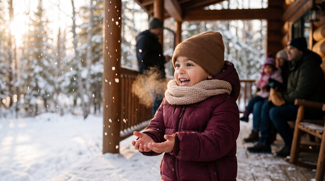 North African child cupping hands to catch snowflakes in burgundy coat and brown hat, laughing on a snowy cabin porch for festive backgrounds.