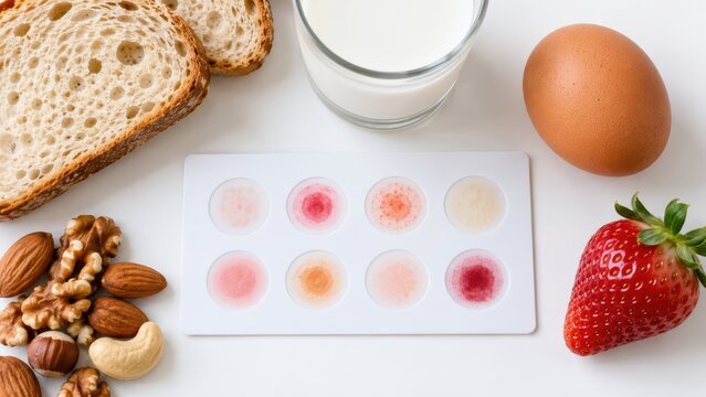 Food intolerance test panel with colored sample wells beside bread, milk, egg, nuts and strawberry on white