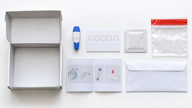 Food intolerance test kit with an open box, lancet, blood collection card, instructions and return envelope on white