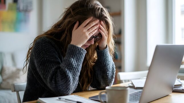 Stressed Young Woman Feeling Overwhelmed While Working Remotely at Her Desk with a Laptop Computer