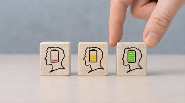 Conceptual image of human mind energy levels with wooden cubes showing low, medium, and high battery icons