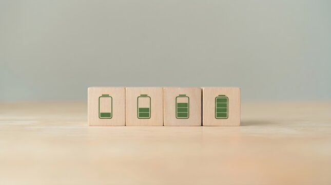 Four wooden blocks lined up showing progressive battery levels from low charge to full energy representing sustainability and power