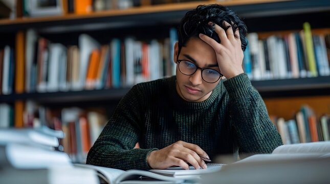 Stressed young male student holding head while studying hard for exams in library surrounded by books