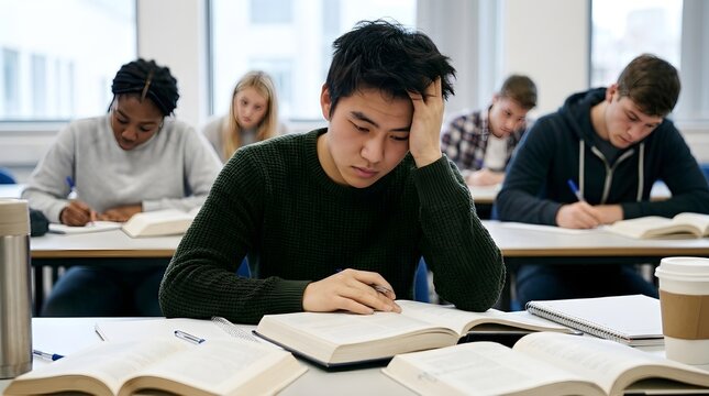 Focused Asian male student studying for exams with diverse classmates in a bright modern university classroom setting