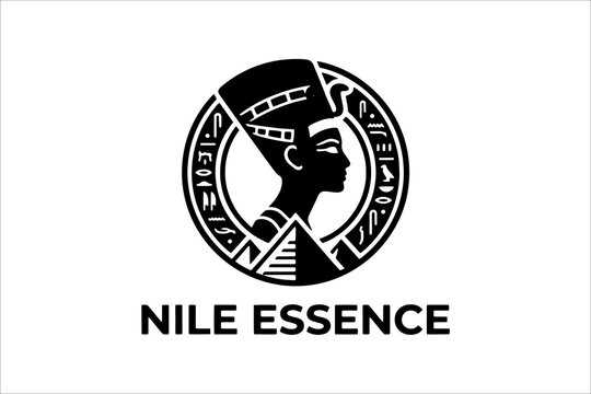 Black and white egyptian queen silhouette logo with pyramid and hieroglyphics in a circle