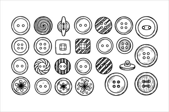 Collection of unique hand-drawn button designs with various patterns and shapes