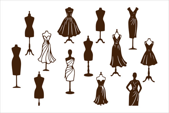 Elegant evening gowns and dresses on mannequins and dress forms illustration