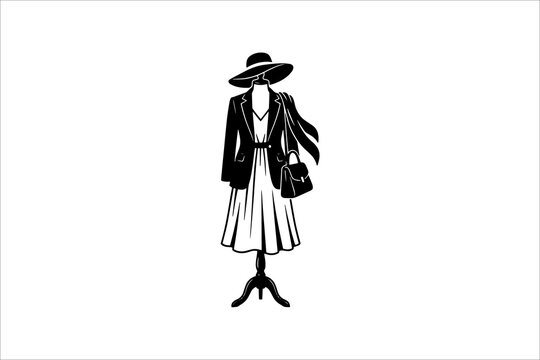 Elegant woman mannequin wearing 1950s style dress and hat with handbag