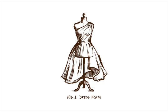 Elegant vintage dress form sketch with draped fabric and bow detail
