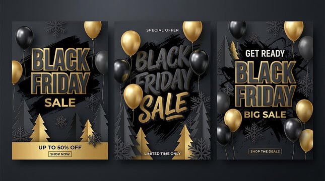 Black friday sale advertisement with golden balloons and christmas trees