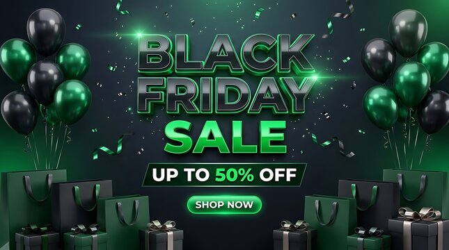 Black friday sale banner with up to 50 percent discount and shop now button