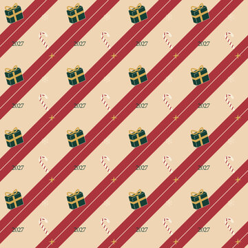 Christmas and New Year 2027 seamless pattern with green gifts, candy canes and diagonal red ribbon bands on peach background, creating festive vector wrapping paper with snowflakes and gold stars.