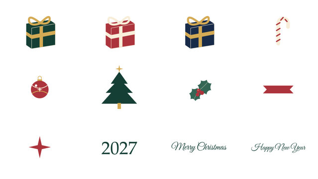 Christmas and Happy New Year 2027 vector element set with wrapped gift, ribbon, tree and seasonal lettering, offering isolated flat holiday design elements and shapes on transparent background.