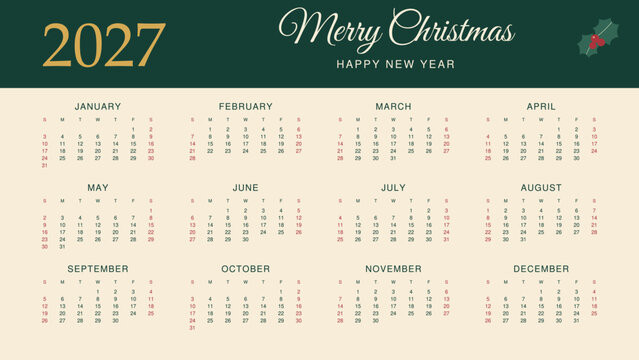 Christmas and Happy New Year 2027 annual calendar with twelve months, Sunday-first dates and seasonal calligraphy, arranged in landscape vector layout with green header and gold year for planning.