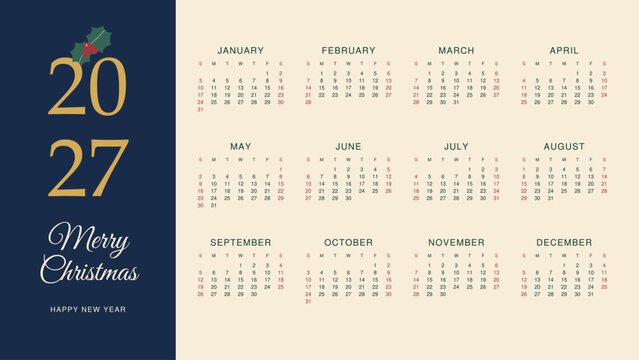 Christmas and Happy New Year 2027 annual calendar with stacked gold year on navy panel, combining seasonal calligraphy with twelve months of Sunday-first dates in horizontal layout for planning.