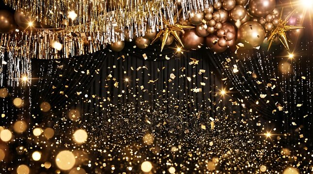 Festive street decorated with twinkling holiday lights and ornaments at night
