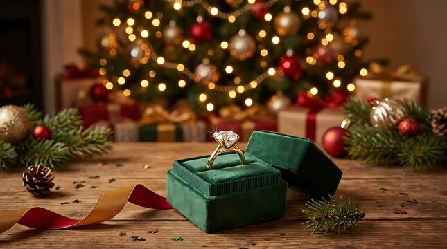 Luxury diamond ring displayed on a green velvet jewelry box with festive lights background