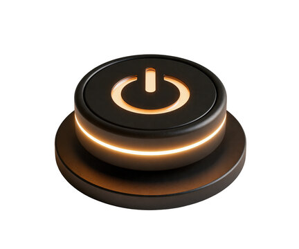 Black power button with glowing orange light ring isolated on transparent background for modern electronic interface and smart home technology control panel design