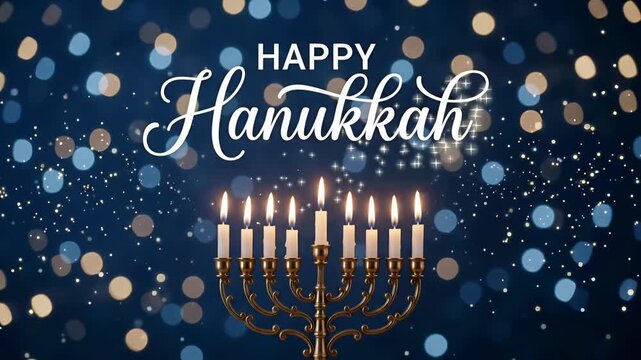 Happy Hanukkah Golden Menorah Jewish Holiday Festival Of Lights Bokeh Particles Blue Background Motion Graphic Loop
