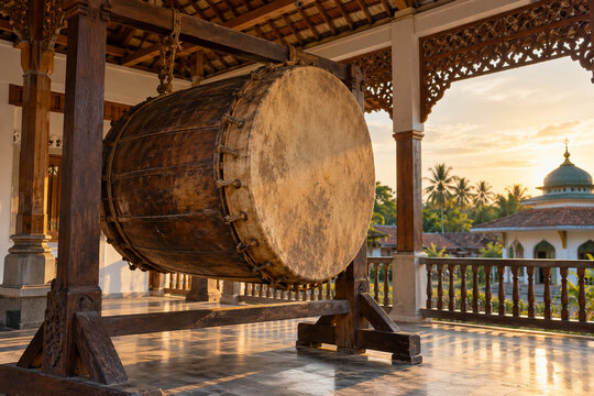 Traditional bedug drum at a village mosque veranda in Indonesia