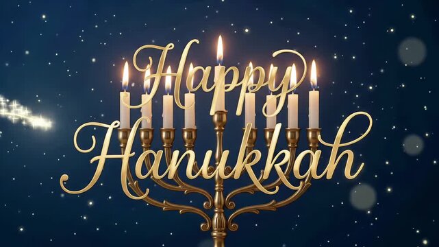 Happy Hanukkah golden menorah lit candles glowing stars Jewish festival of lights holiday 3d render motion graphic loop
