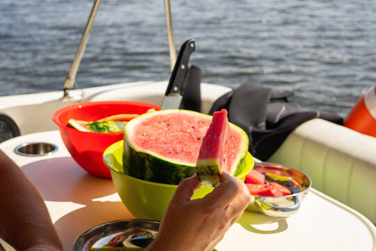 Romantic breakfast or dinner on a motor yacht. Hard sunlight.