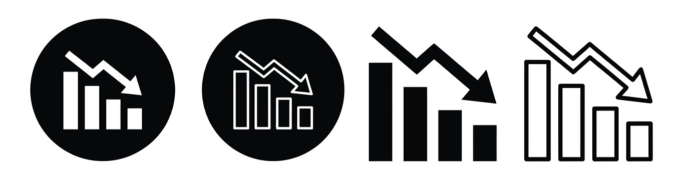 Set of four black and white icons representing a declining bar chart with a downward arrow, showing financial loss or negative business growth trends