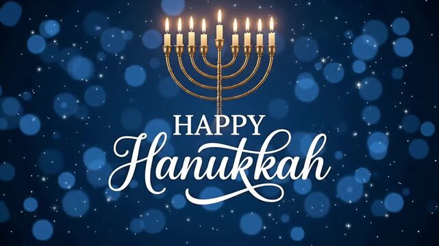 Happy Hanukkah golden menorah glowing candles Jewish festival of lights blue bokeh 3d motion background loop
