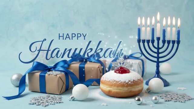 Happy Hanukkah Jewish festival of lights blue menorah gifts sufganiyah donut holiday 3d motion graphic loop
