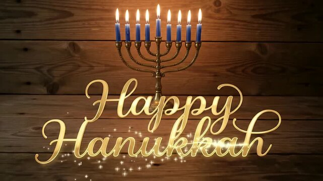 Happy Hanukkah golden menorah glowing candles Jewish festival of lights wooden 3d motion graphic loop

