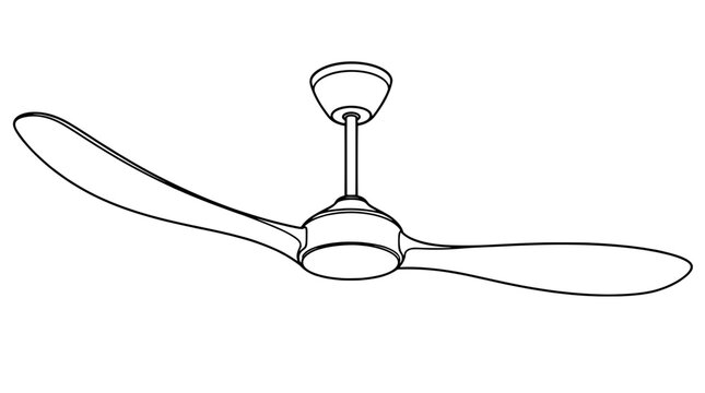 Black outline vector icon of a two blade ceiling fan with curved blades, rounded motor housing and downrod drawn with thin lines in horizontal centered composition emphasizing air circulation function