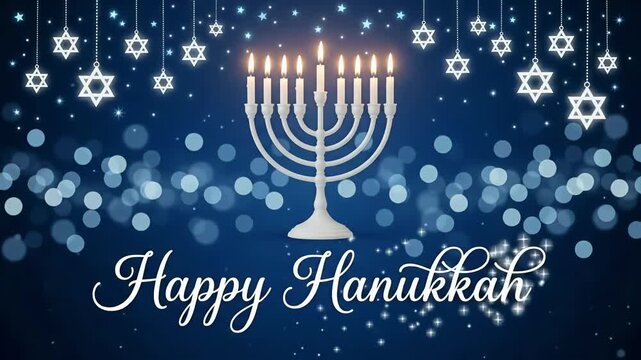Happy Hanukkah Jewish festival of lights white menorah candles Star of David blue bokeh 3d motion background loop
