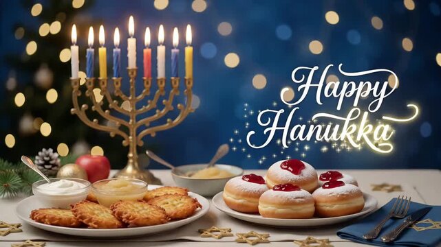 Happy Hanukkah Jewish festival celebration menorah candles sufganiyot latkes motion graphic background loop
