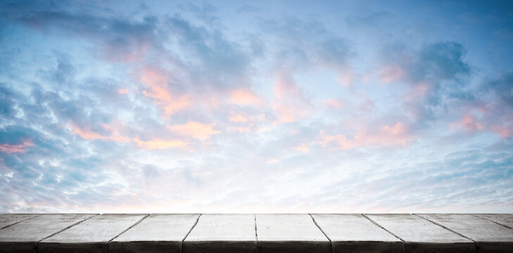 wooden table, blue sky